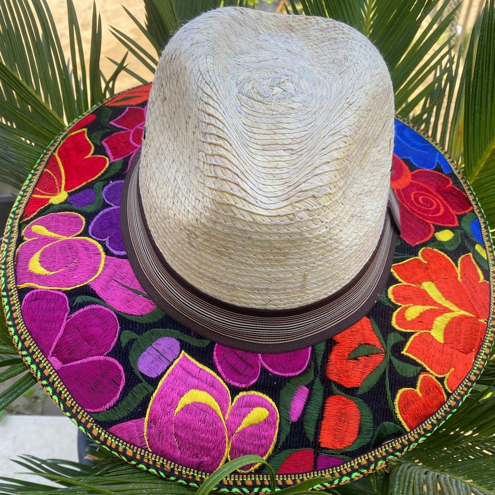 Mexican Embroidered palm hat . Colorful fedora